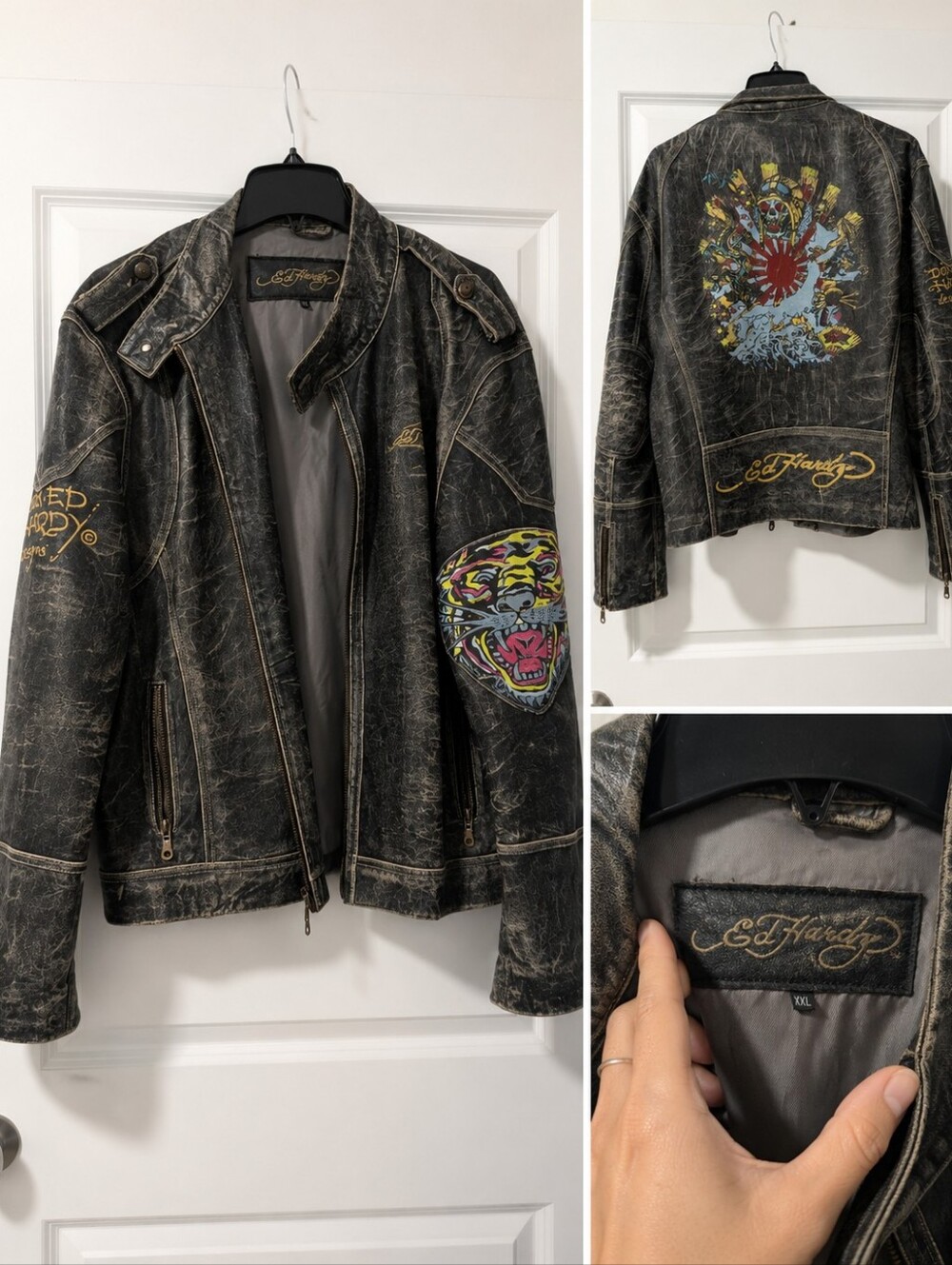 Vintage Ed Hardy Black Leather Jacket with Multicolor Back Graphic